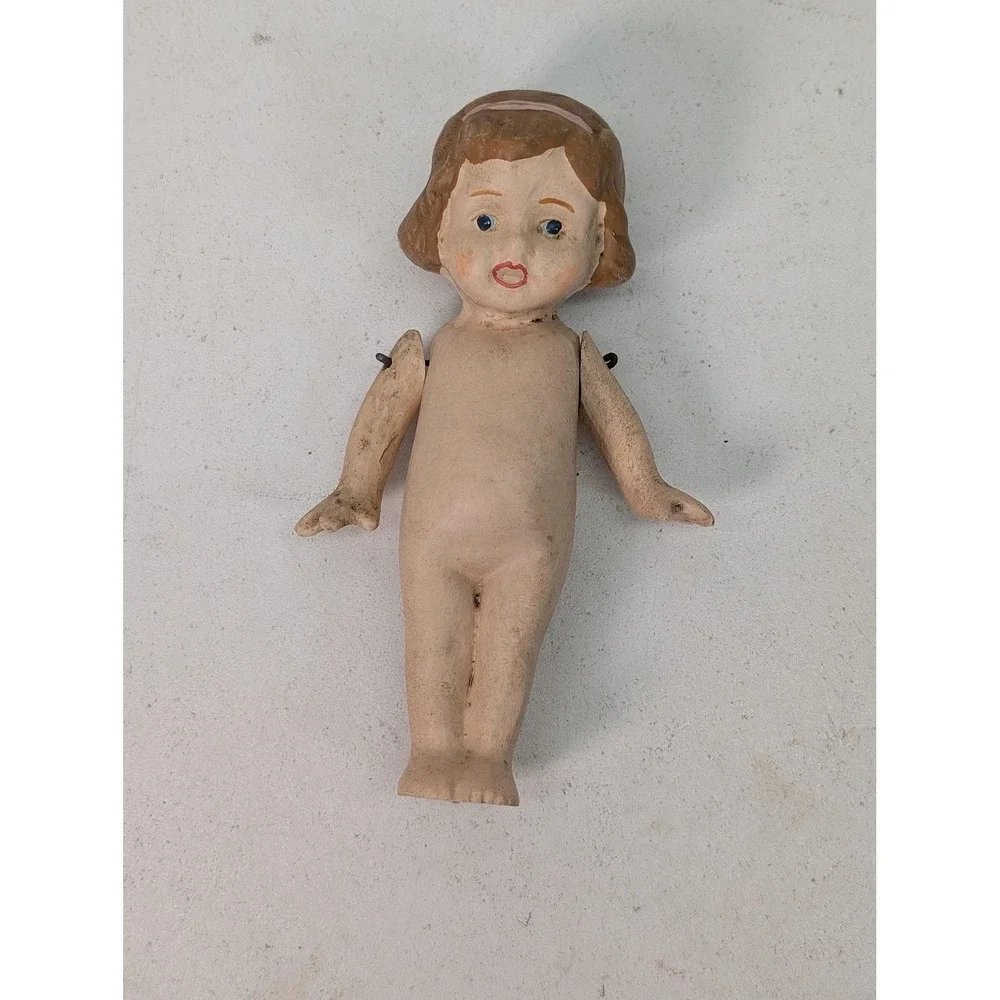Vintage Composition Girl Play‎ Doll Nude Brown Wavy Hair Blue Eyes Marked Back